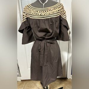 Esley Taupe Off-Shoulder Tie-Waist Midi Dress